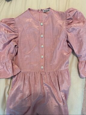 BATSHEVA Pink Maxi Ruffled Hem Dress with Pearl Buttons